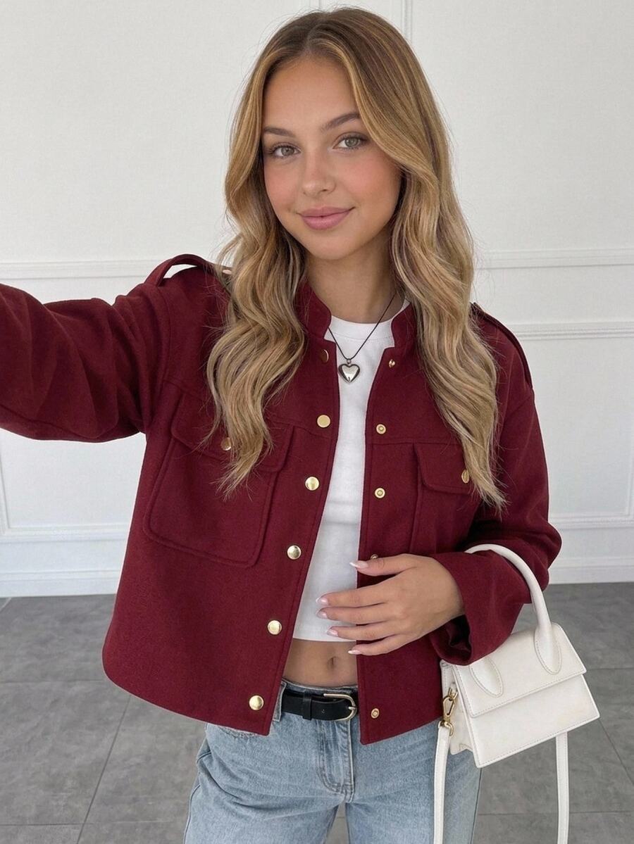 SHEIN Girlism Teen Girl Autumn/Winter Short Overcoat, Small Stand Collar Single-Breasted Metal Buttons Elegant With Pockets Red Overcoat, Suitable For Commuting And Fashionable - Burgundy - View 1