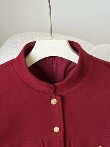 SHEIN Girlism Teen Girl Autumn/Winter Short Overcoat, Small Stand Collar Single-Breasted Metal Buttons Elegant With Pockets Red Overcoat, Suitable For Commuting And Fashionable - Burgundy - View 5