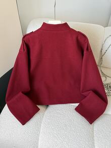 SHEIN Girlism Teen Girl Autumn/Winter Short Overcoat, Small Stand Collar Single-Breasted Metal Buttons Elegant With Pockets Red Overcoat, Suitable For Commuting And Fashionable - Burgundy - View 2