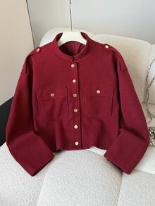 SHEIN Girlism Teen Girl Autumn/Winter Short Overcoat, Small Stand Collar Single-Breasted Metal Buttons Elegant With Pockets Red Overcoat, Suitable For Commuting And Fashionable - Burgundy - View 7