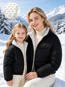 SHEIN 青少年女孩可翻面立領短款填充外套，色 + 波點印花，小碼短款絎縫填充外套 - 黑與白 - 查看 3