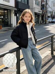 SHEIN 青少年女孩可翻面立領短款填充外套，色 + 波點印花，小碼短款絎縫填充外套 - 黑與白 - 查看 4