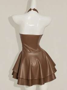 SHEIN ICON Women's Y2k Fashionable Gyaru Concert Women Outfit Club Party Festival Rave Cross Strap PU Leather Open Back Mini Halter Dress Brown - Brown - View 2