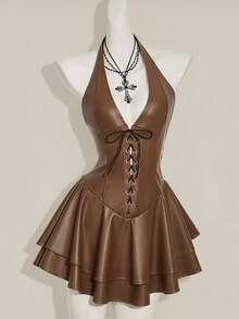 SHEIN ICON Women's Y2k Fashionable Gyaru Concert Women Outfit Club Party Festival Rave Cross Strap PU Leather Open Back Mini Halter Dress Brown - Brown - View 3
