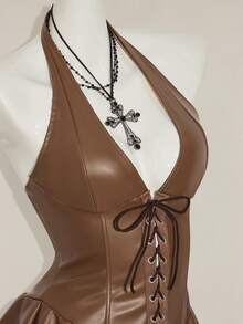 SHEIN ICON Women's Y2k Fashionable Gyaru Concert Women Outfit Club Party Festival Rave Cross Strap PU Leather Open Back Mini Halter Dress Brown - Brown - View 7