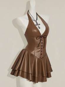SHEIN ICON Women's Y2k Fashionable Gyaru Concert Women Outfit Club Party Festival Rave Cross Strap PU Leather Open Back Mini Halter Dress Brown - Brown - View 6