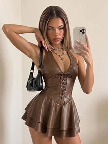 SHEIN ICON Women's Y2k Fashionable Gyaru Concert Women Outfit Club Party Festival Rave Cross Strap PU Leather Open Back Mini Halter Dress Brown - Brown - View 1