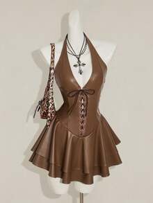 SHEIN ICON Women's Y2k Fashionable Gyaru Concert Women Outfit Club Party Festival Rave Cross Strap PU Leather Open Back Mini Halter Dress Brown - Brown - View 4