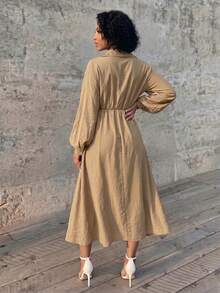 Eryvara Women's Fall Khaki Lapel Twist Button-Down Long Shirt Dress, Long-Sleeve High-Waist A-Line Slit Ankle-Length Dress,Occasion Wear For Daily Commute - Khaki - View 3