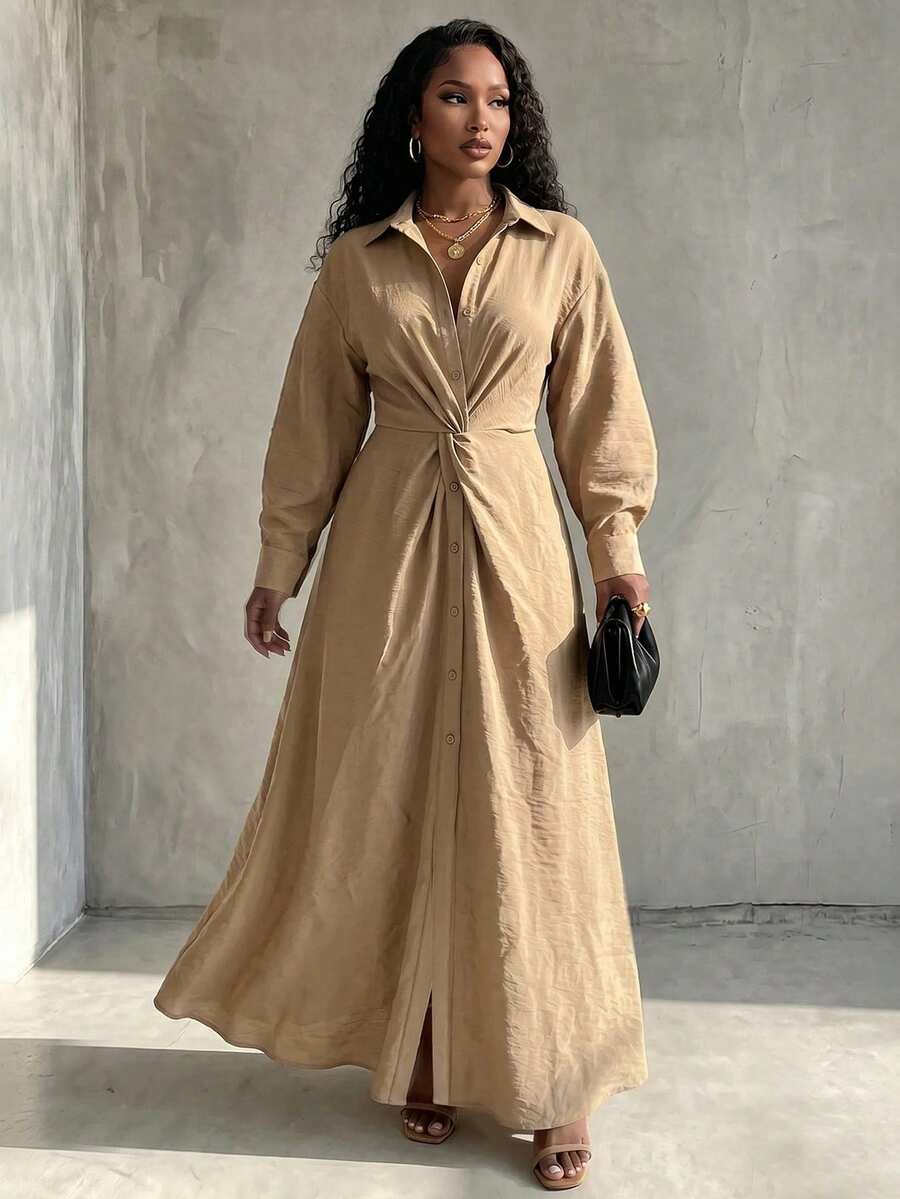 Eryvara Women's Fall Khaki Lapel Twist Button-Down Long Shirt Dress, Long-Sleeve High-Waist A-Line Slit Ankle-Length Dress,Occasion Wear For Daily Commute