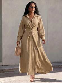 Eryvara Women's Fall Khaki Lapel Twist Button-Down Long Shirt Dress, Long-Sleeve High-Waist A-Line Slit Ankle-Length Dress,Occasion Wear For Daily Commute - Khaki - View 6