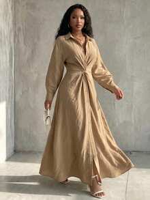 Eryvara Women's Fall Khaki Lapel Twist Button-Down Long Shirt Dress, Long-Sleeve High-Waist A-Line Slit Ankle-Length Dress,Occasion Wear For Daily Commute - Khaki - View 7