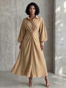 Eryvara Women's Fall Khaki Lapel Twist Button-Down Long Shirt Dress, Long-Sleeve High-Waist A-Line Slit Ankle-Length Dress,Occasion Wear For Daily Commute - Khaki - View 4