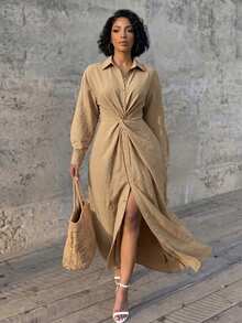 Eryvara Women's Fall Khaki Lapel Twist Button-Down Long Shirt Dress, Long-Sleeve High-Waist A-Line Slit Ankle-Length Dress,Occasion Wear For Daily Commute - Khaki - View 5