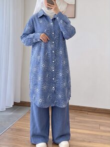 Lacomfia Setelan 2 Potong Ukuran Besar Musim Semi/Gugur: Kemeja Kasual Berkerah Bordir, Bahu Jatuh, Lengan Panjang Longgar, dan Celana Panjang Polos dengan Pinggang Elastis dan Potongan Lebar - Biru - View 4