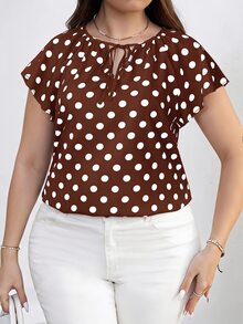 SHEIN Clasi 大码女式波点印花系领短袖衬衫 - 棕色 - 查看 1