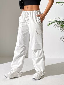 SHEIN PETITE Drawstring Waist Flap Pocket Side Parachute Cargo White Pants ,Petite Women - White - View 3