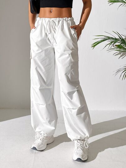 SHEIN PETITE Drawstring Waist Flap Pocket Side Parachute Cargo White Pants ,Petite Women