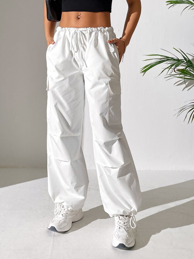 SHEIN PETITE Drawstring Waist Flap Pocket Side Parachute Cargo White Pants ,Petite Women - White - View 1