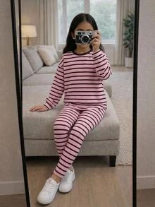 SHEIN 女童 2 件套休閒套裝，簡約舒適可愛，復古條紋長袖長褲，秋冬休閒運動風 - 藕粉色 - 查看 7