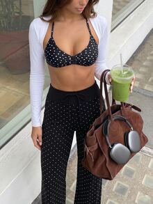 SHEIN Sports Women's Polka Dot Drawstring Waist Casual Versatile Daily Travel Sports Long Pants - Black and White - View 6