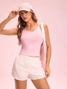 SHEIN Sovereign Charm Women's Solid Color Fitted Versatile Daily Casual Sports T-Shirt - Pink - View 7