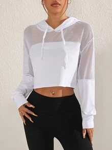 Sovereign Charm Women's Solid Color Mesh Contrast Drawstring Hooded Cropped Casual Sweatshirt Fall Sweatshirts - White - View 7