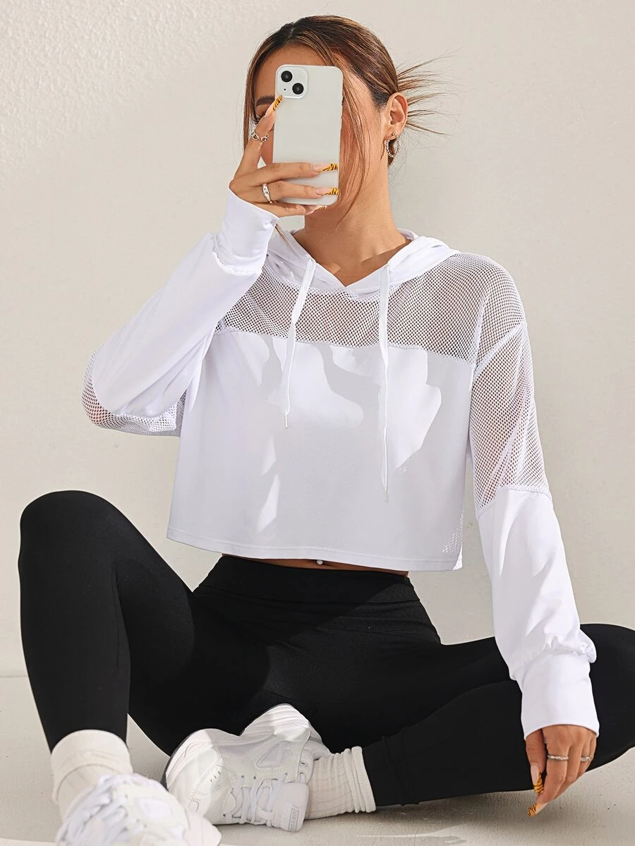 Sovereign Charm Women's Solid Color Mesh Contrast Drawstring Hooded Cropped Casual Sweatshirt Fall Sweatshirts