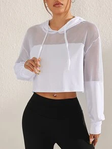 Sovereign Charm Women's Solid Color Mesh Contrast Drawstring Hooded Cropped Casual Sweatshirt Fall Sweatshirts - White - View 6