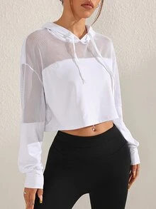 Sovereign Charm Women's Solid Color Mesh Contrast Drawstring Hooded Cropped Casual Sweatshirt Fall Sweatshirts - White - View 8