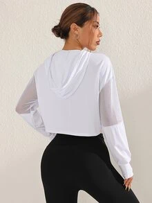 Sovereign Charm Women's Solid Color Mesh Contrast Drawstring Hooded Cropped Casual Sweatshirt Fall Sweatshirts - White - View 5