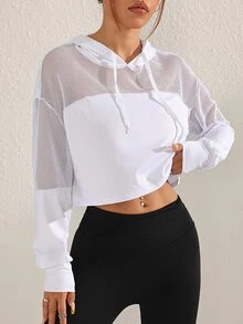 Sovereign Charm Women's Solid Color Mesh Contrast Drawstring Hooded Cropped Casual Sweatshirt Fall Sweatshirts - White - View 9