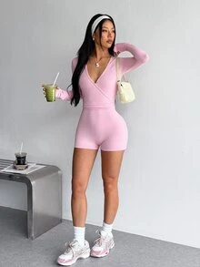 SHEIN Dewbera Women's Solid Color Deep V-Neck Long Sleeve Athletic Romper - Pink - View 3