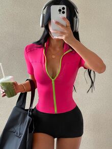 SHEIN Dewbera Women's Zipper Slim Fit Versatile Daily Casual Sports Jacket - Hot Pink - View 7