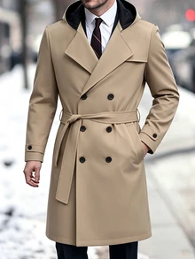 Manfinity Mode Áo trench coat nam màu kaki hai hàng cúc, dáng vừa, có mũ trùm, áo khoác đi làm thường ngày - Màu Khaki - Xem 1