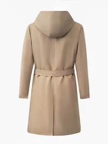 Manfinity Mode Áo trench coat nam màu kaki hai hàng cúc, dáng vừa, có mũ trùm, áo khoác đi làm thường ngày - Màu Khaki - Xem 2