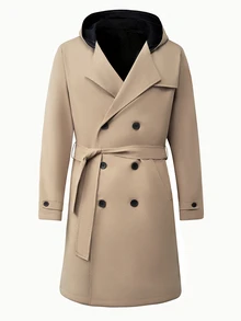 Manfinity Mode Áo trench coat nam màu kaki hai hàng cúc, dáng vừa, có mũ trùm, áo khoác đi làm thường ngày - Màu Khaki - Xem 3