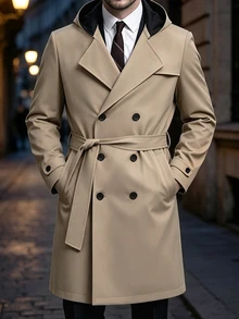 Manfinity Mode Áo trench coat nam màu kaki hai hàng cúc, dáng vừa, có mũ trùm, áo khoác đi làm thường ngày - Màu Khaki - Xem 5