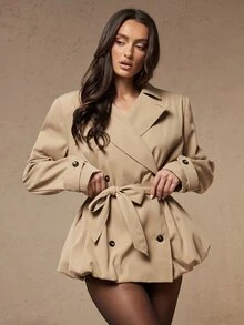 Silquee 時尚通勤女款雙排扣鬱金香領風衣，職場穿搭與節慶穿搭女裝 - 棕色 - 查看 5