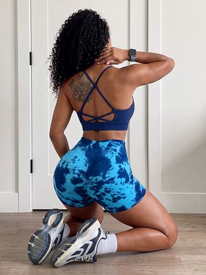 Solea Cove Blue Tie-Dye Athletic Shorts, High-Waisted Butt-Lifting Tight-Fitting Shaping Yoga Shorts