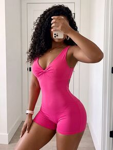 SHEIN Core Rhythm Solid Color Backless Sleeveless Fitted Athletic Romper - Hot Pink - View 5