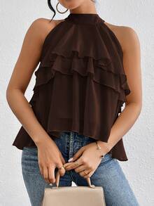 Firerie Elegant Dark Brown Loose Neck Ruffle Asymmetrical Chiffon Blouse Ruffled Top For Summer Banquet - Coffee Brown - View 6