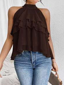 Firerie Elegant Dark Brown Loose Neck Ruffle Asymmetrical Chiffon Blouse Ruffled Top For Summer Banquet - Coffee Brown - View 7