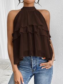 Firerie Elegant Dark Brown Loose Neck Ruffle Asymmetrical Chiffon Blouse Ruffled Top For Summer Banquet - Coffee Brown - View 5