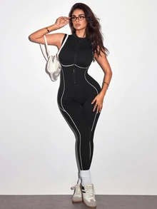 Slayform Jumpsuit Wanita Tanpa Lengan dengan Resleting, Tanpa Jahitan, Ketat, Elastis Tinggi, Mengangkat Bokong, Celana Panjang - Hitam - View 7