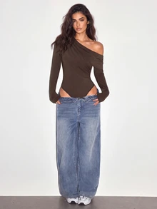 Slayform Elegant Asymmetrical Shoulder Ruched Vacation Sports Jumpsuit - Mocha Brown - View 8