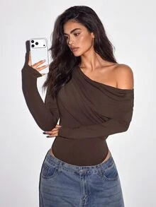 Slayform Elegant Asymmetrical Shoulder Ruched Vacation Sports Jumpsuit - Mocha Brown - View 6
