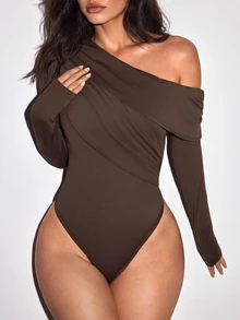 Slayform Elegant Asymmetrical Shoulder Ruched Vacation Sports Jumpsuit - Mocha Brown - View 4