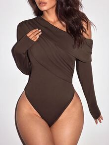 Slayform Elegant Asymmetrical Shoulder Ruched Vacation Sports Jumpsuit - Mocha Brown - View 9