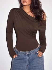 Slayform Elegant Asymmetrical Shoulder Ruched Vacation Sports Jumpsuit - Mocha Brown - View 7